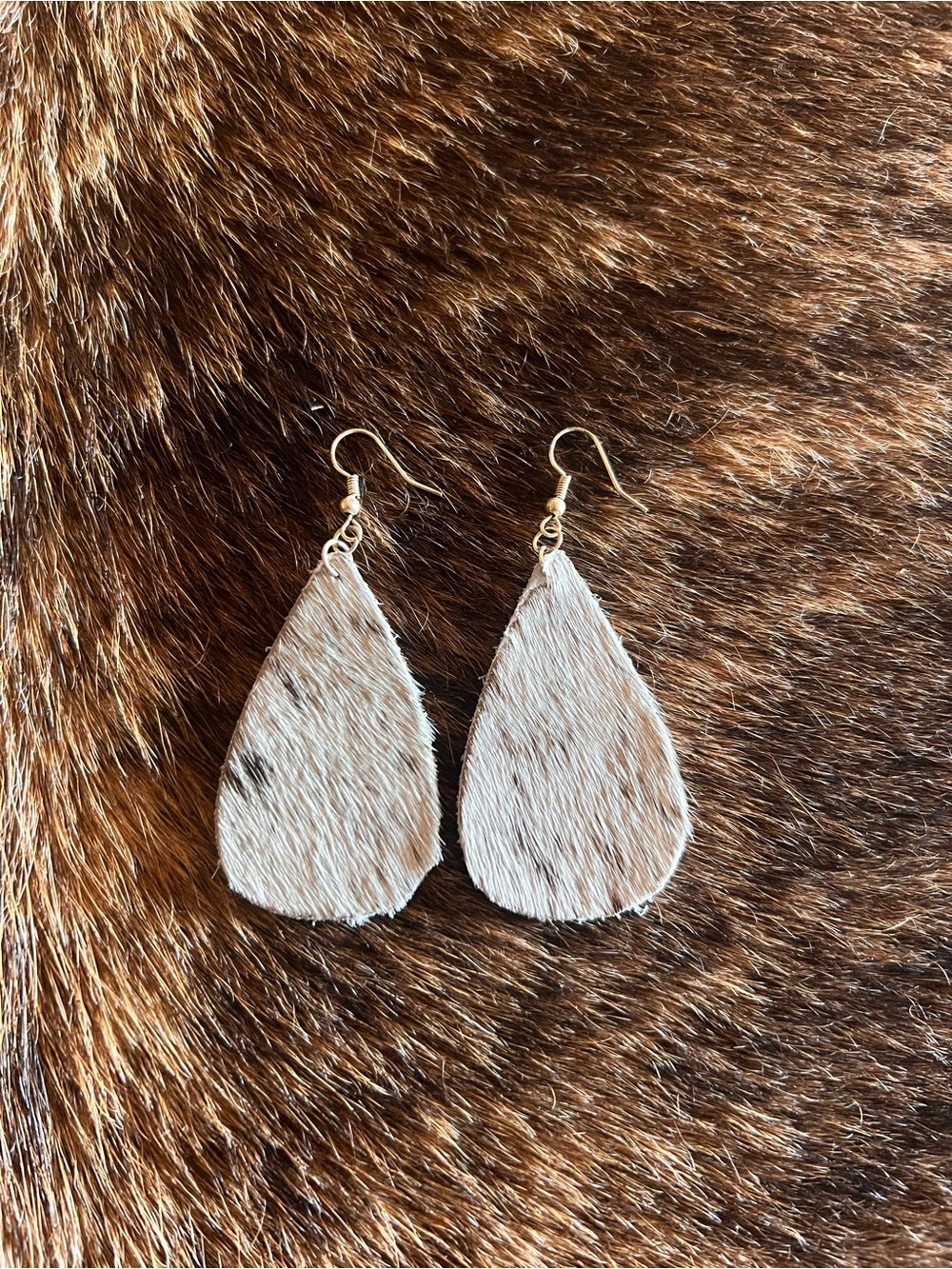 White Teardrop Hair-on Hide Earrings